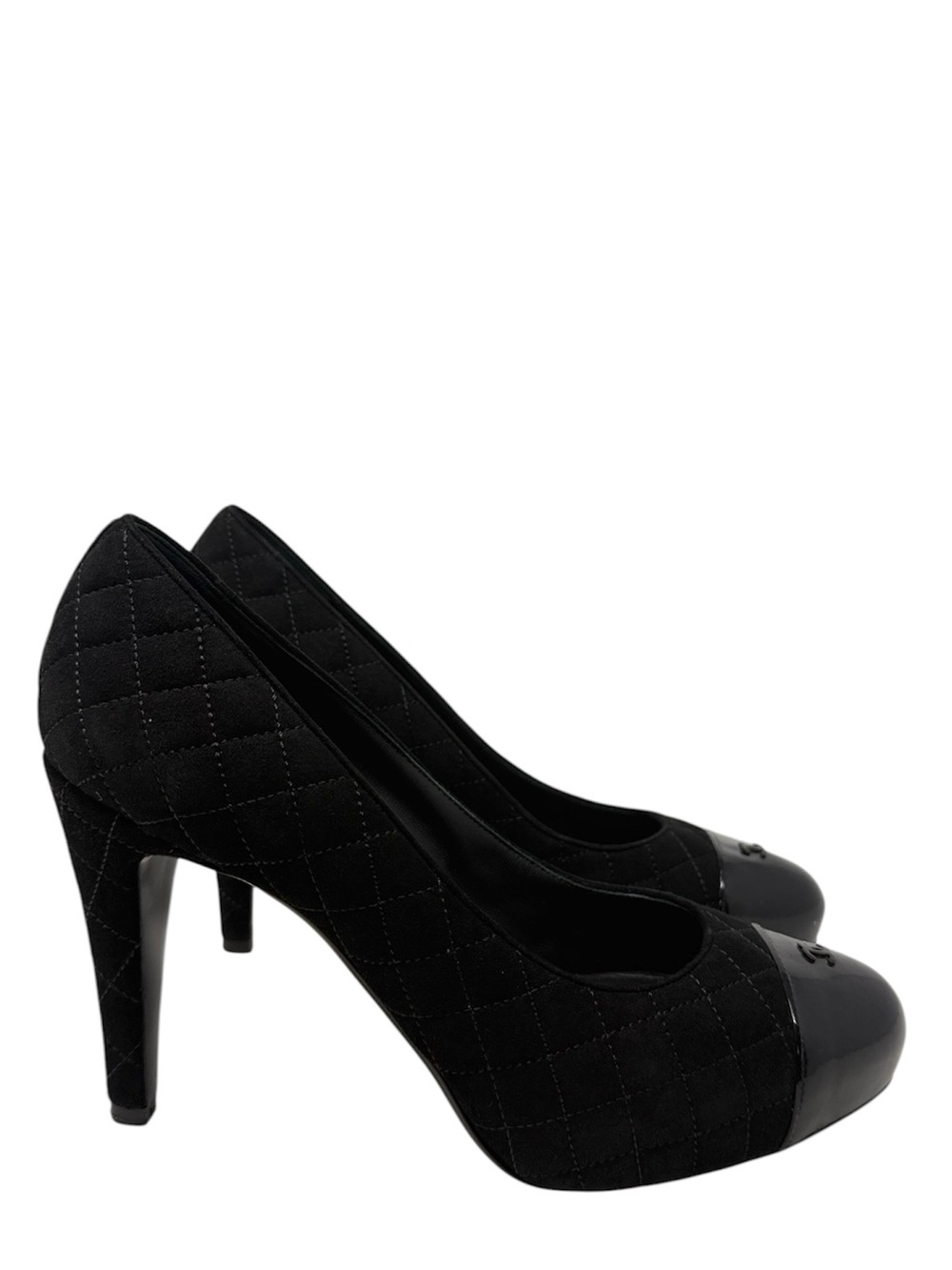 Chanel Quilted CC Cap Toe Black Suede Pumps Size 39.5